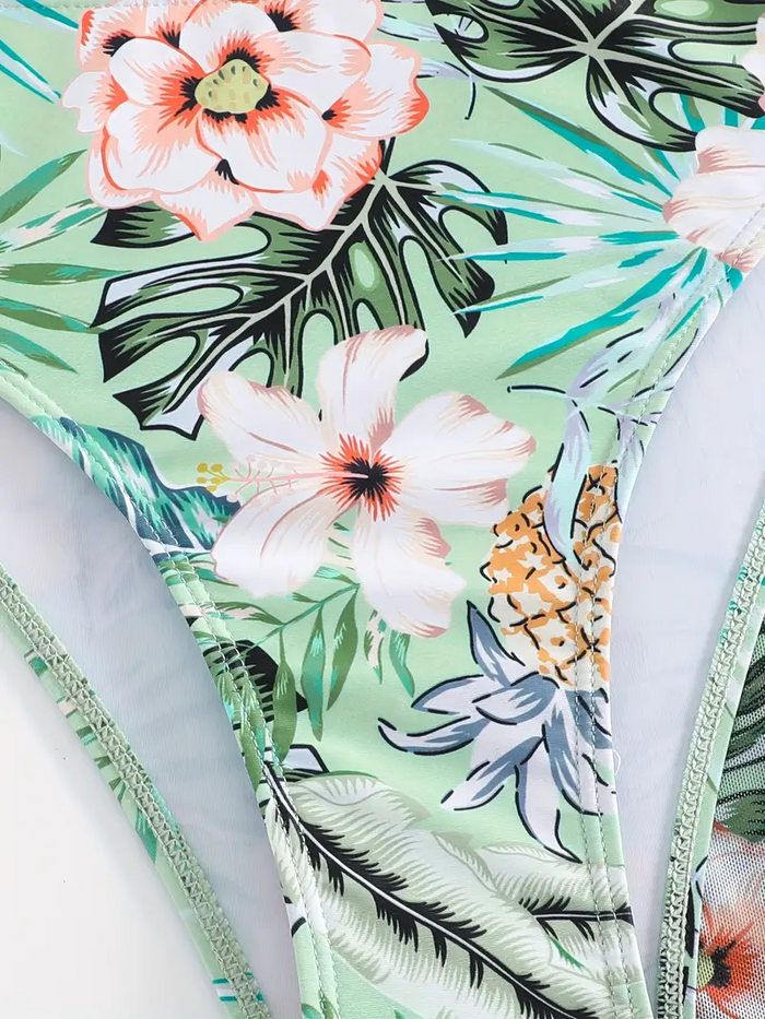 Womens 3pcs Swimsuit Floral Halter Triangle Bikini Top Tie Side Bottom with Long Sheer Cover Up Skirt