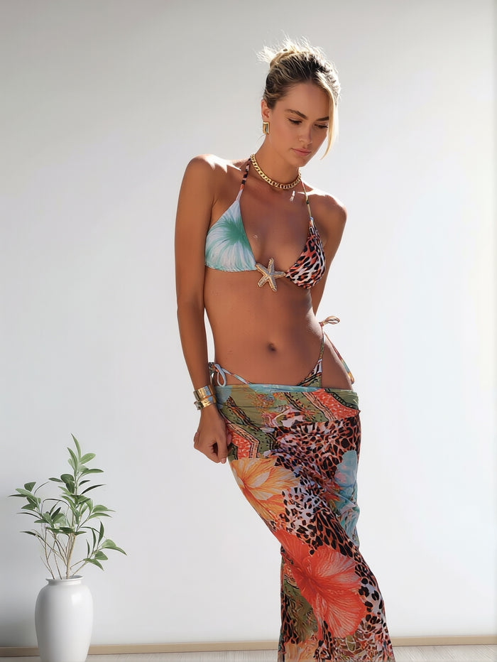 Womens 3pcs Swimsuit Floral Halter Triangle Bikini Top Tie Side Bottom with Long Sheer Cover Up Skirt