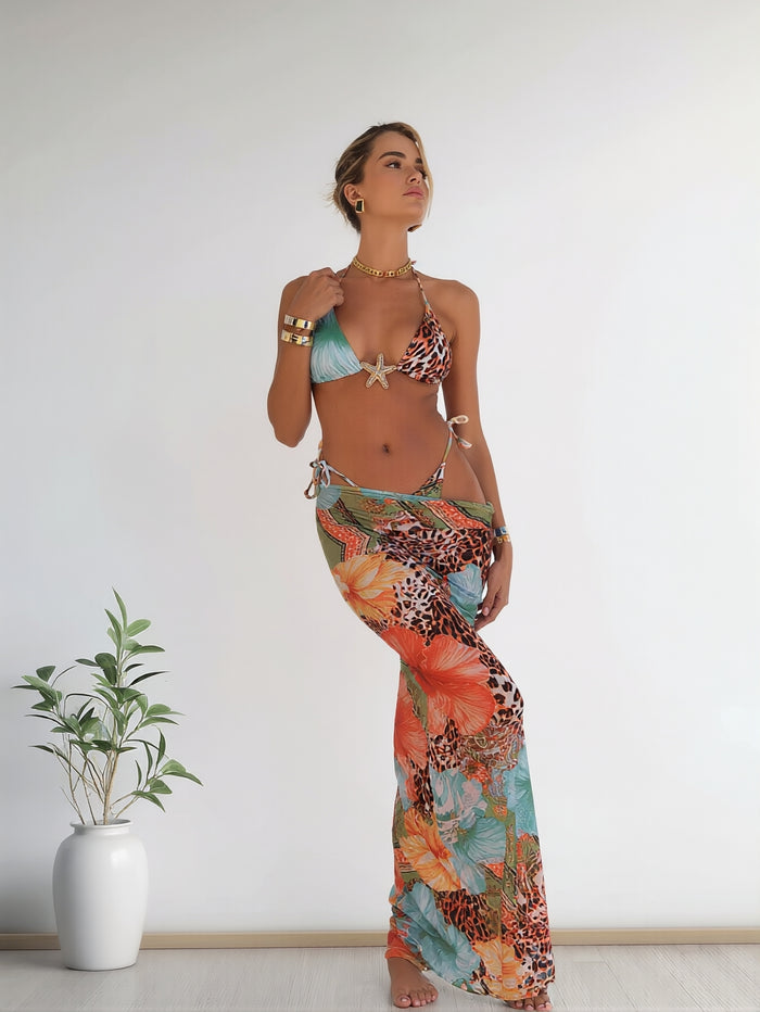 Womens 3pcs Swimsuit Floral Halter Triangle Bikini Top Tie Side Bottom with Long Sheer Cover Up Skirt