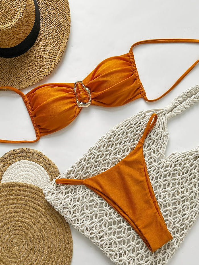 Womens Bandeau Bikini Sets Sexy Strapless Two Piece Swimsuit Cheeky High Cut Cute Textured Ladies Bathing Suit