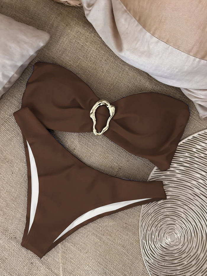 Womens Bandeau Bikini Sets Sexy Strapless Two Piece Swimsuit Cheeky High Cut Cute Textured Ladies Bathing Suit