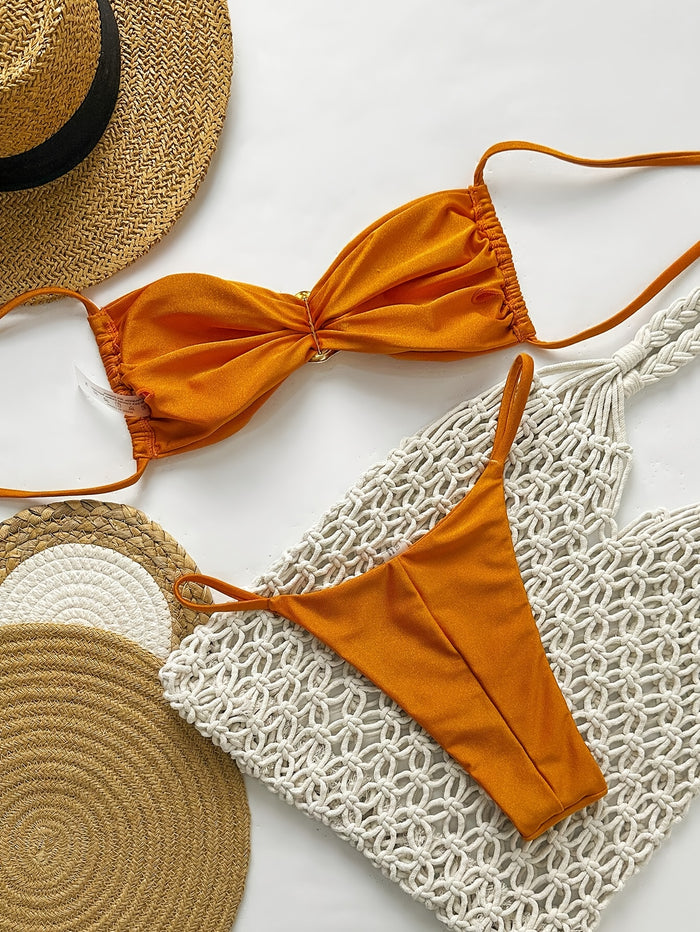 Womens Bandeau Bikini Sets Sexy Strapless Two Piece Swimsuit Cheeky High Cut Cute Textured Ladies Bathing Suit
