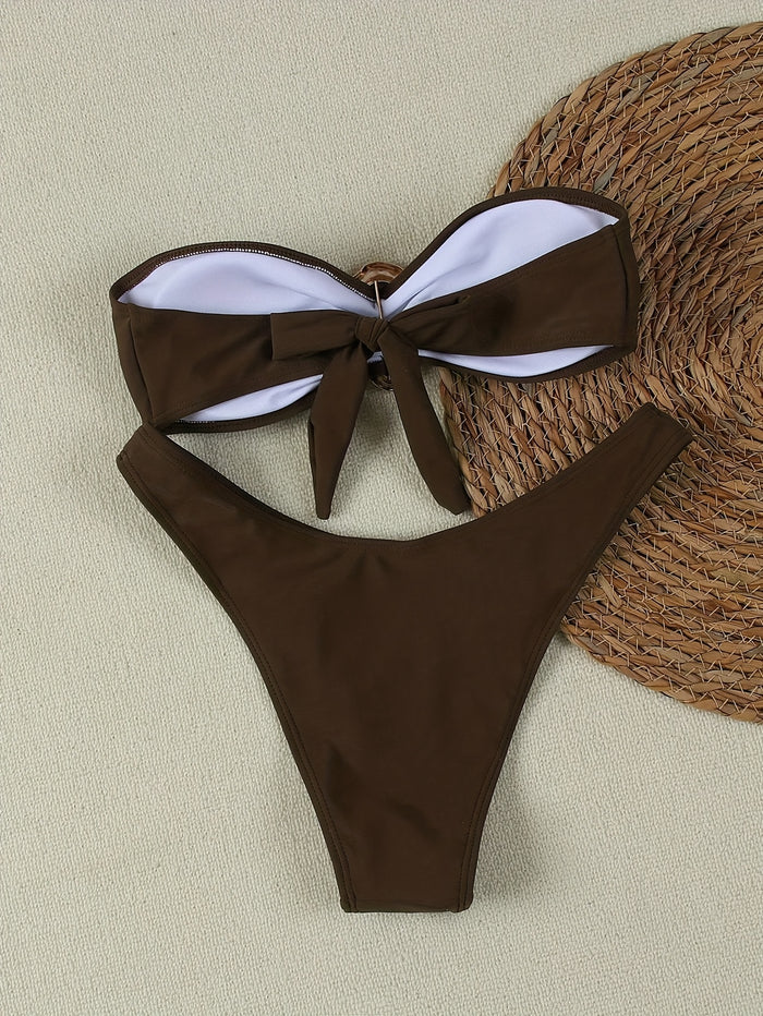 Womens Bandeau Bikini Sets Sexy Strapless Two Piece Swimsuit Cheeky High Cut Cute Textured Ladies Bathing Suit