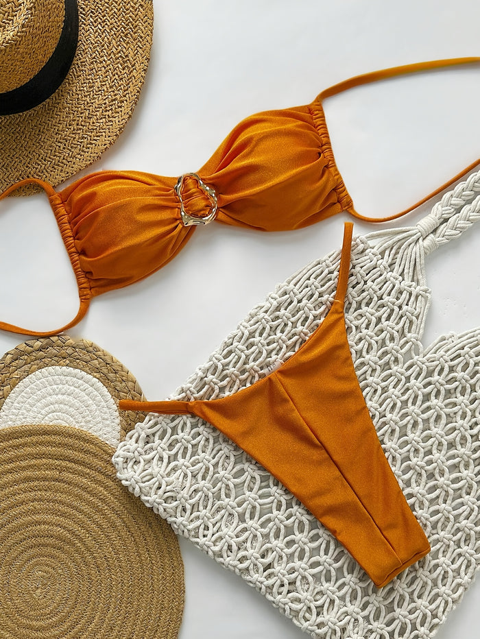 Womens Bandeau Bikini Sets Sexy Strapless Two Piece Swimsuit Cheeky High Cut Cute Textured Ladies Bathing Suit