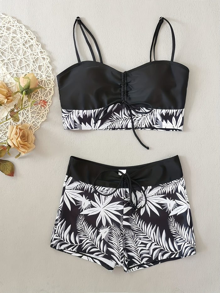 Women's Bikini Sets High Waisted Swim Skirt Tummy Control Swimsuits Two Piece Scalloped Trim Bathing Suit