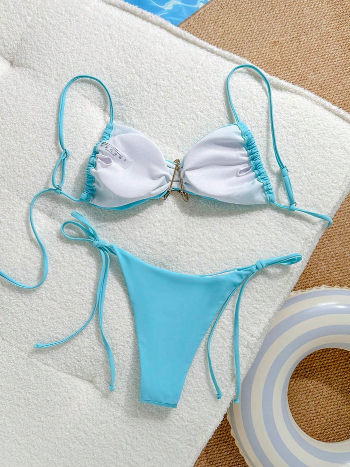Women's Bikini Sets Two Piece Metal Swimsuits V Neck Lace Up Bathing Suits Sexy Wide Strap Tie Back Swimwear