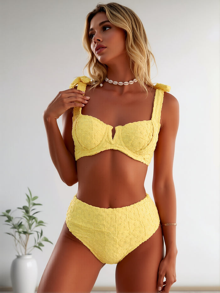 Women's Bikini Sets Two Piece Metal Swimsuits V Neck Lace Up Bathing Suits Sexy Wide Strap Tie Back Swimwear