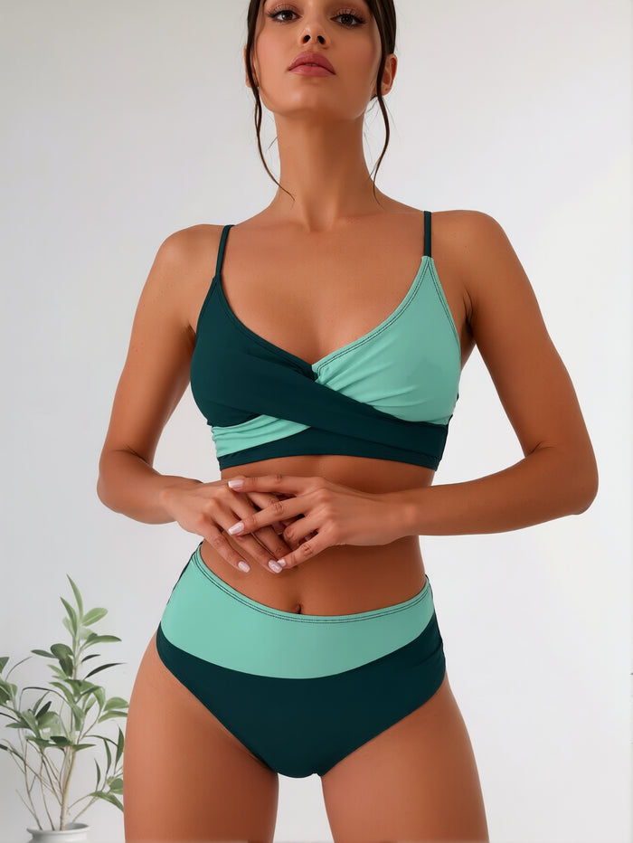 Women's Bikini Sets Two Piece Swimsuit High Waisted V Neck Twist Front Adjustable Spaghetti Straps Bathing Suit