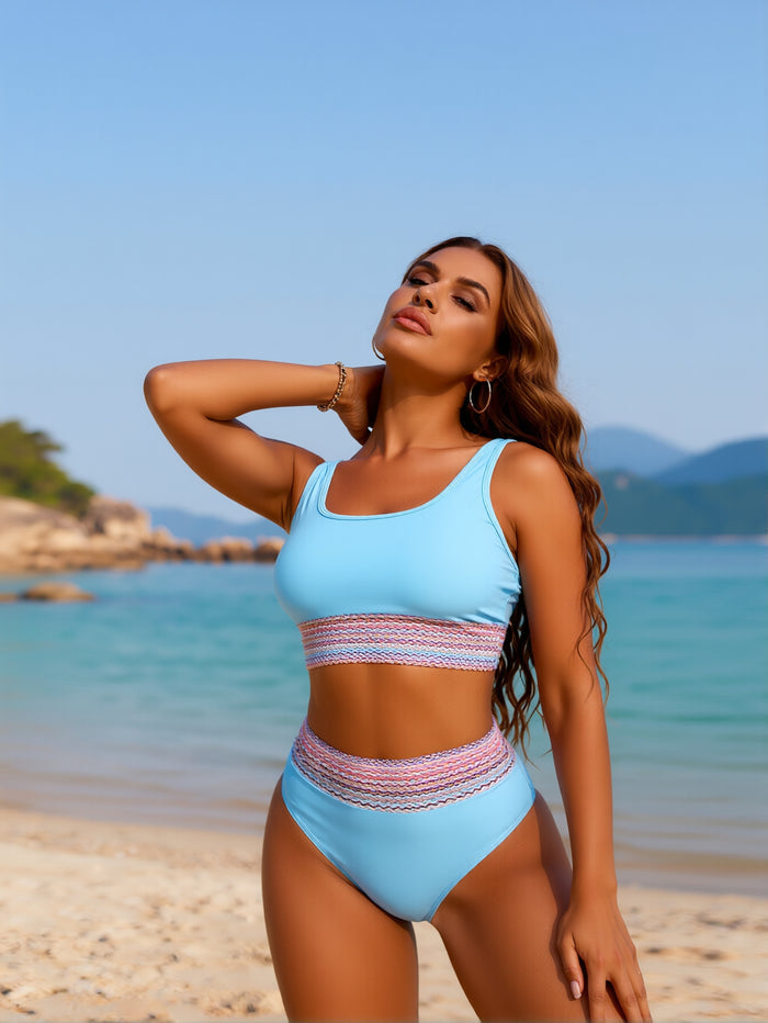 Women's Bikini Sets Two Piece Swimsuit Sporty Mid Rise Scoop Neck Adjustable Spaghetti Straps Textured Midkini