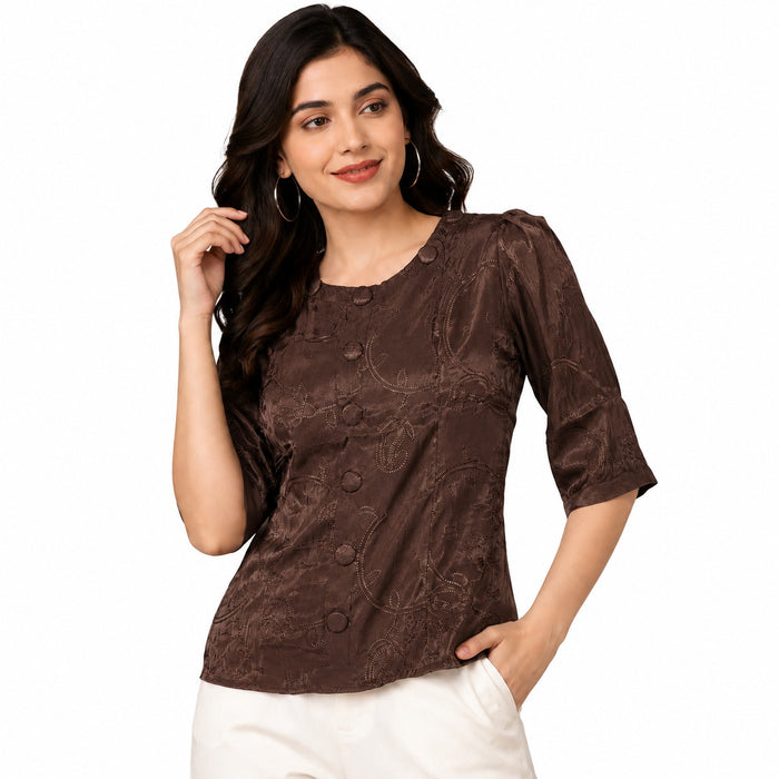 Women’s Brown Printed Front-Button Top