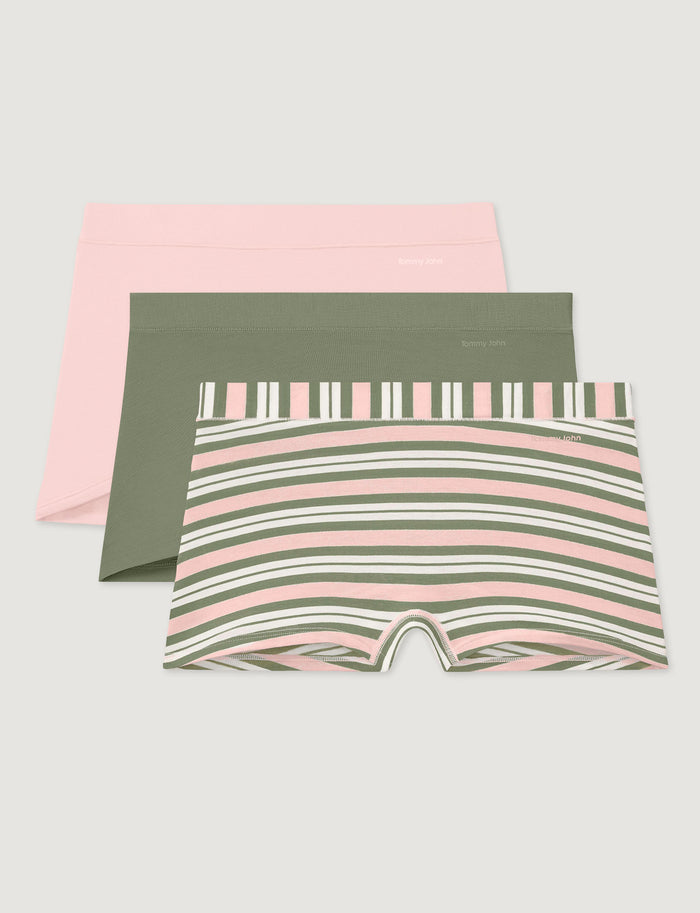 Women's Cool Cotton Boyshort (3-Pack)::Rosewater/Oil Green/Chintz Rose Varsity Stripe