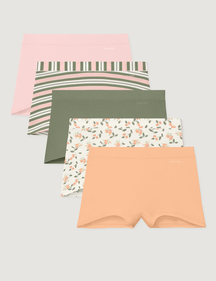 Women's Cool Cotton Boyshort (5-Pack)::Rosewater/Chintz Rose Varsity Stripe/Oil Green/Coconut Milk Camellias/Cream Blush