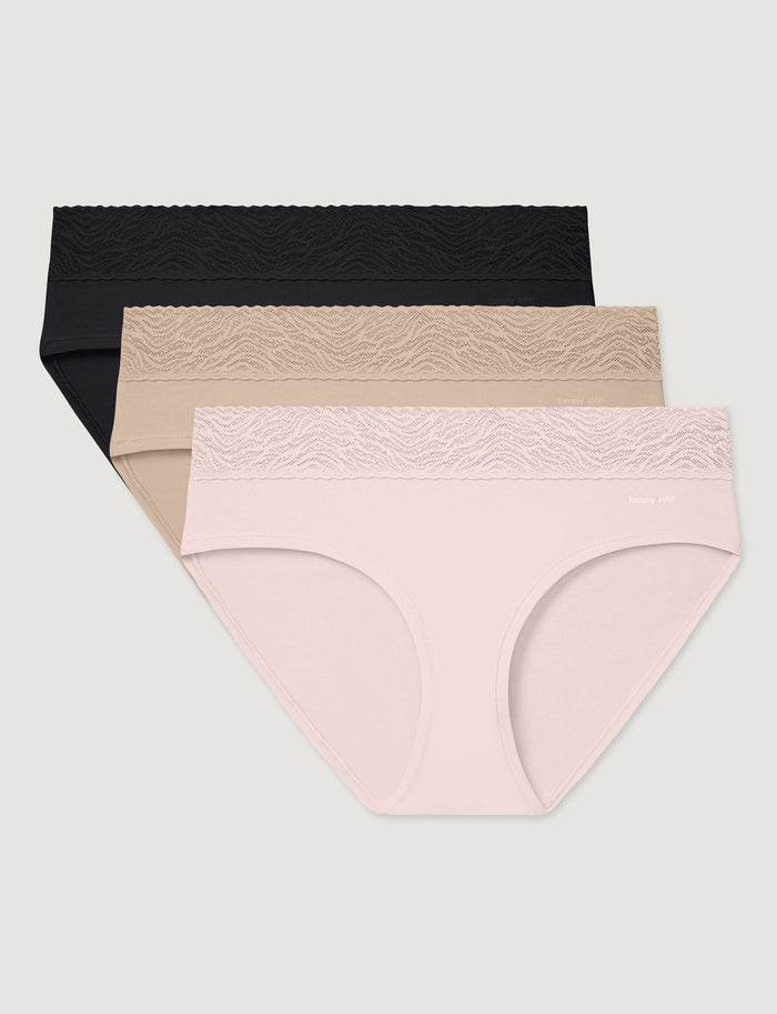 Women's Cool Cotton Brief, Lace Waist (3-Pack)::Black/Shifting Sand/Rosewater Lace Waist