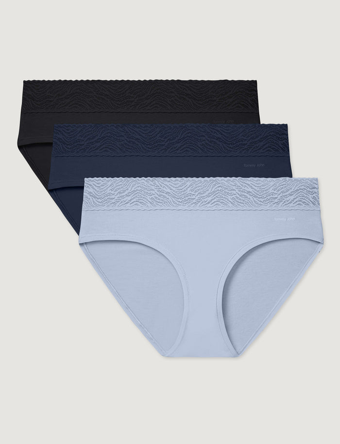 Women's Cool Cotton Brief, Lace Waist (3-Pack)::Black/Dress Blues/Halogen Blue Lace Waist