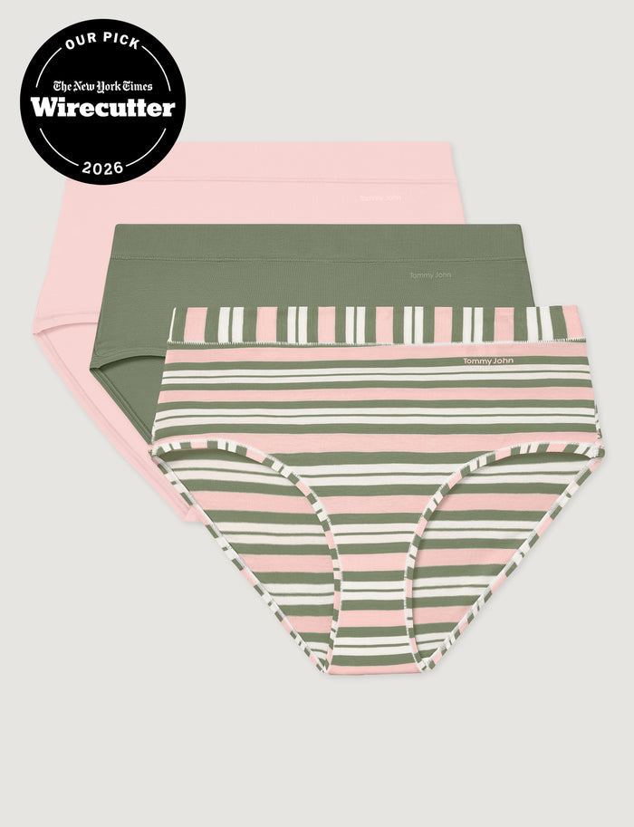 Women's Cool Cotton High Rise Brief (3-Pack)::Rosewater/Oil Green/Chintz Rose Varsity Stripe
