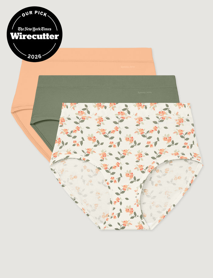 Women's Cool Cotton High Rise Brief (3-Pack)::Cream Blush/Oil Green/Coconut Milk Camellias