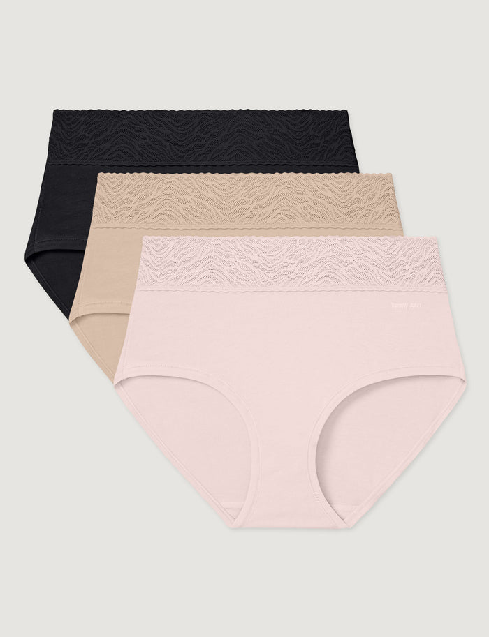 Women's Cool Cotton High Rise Brief, Lace Waist (3-Pack)::Black/Shifting Sand/Rosewater Lace Waist