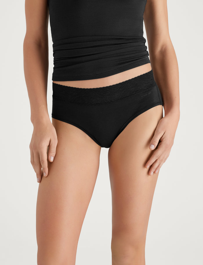 Women's Cool Cotton High Rise Brief, Lace Waist (3-Pack)::Black/Shifting Sand/Rosewater Lace Waist
