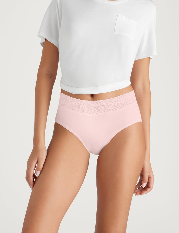 Women's Cool Cotton High Rise Brief, Lace Waist (3-Pack)::Black/Shifting Sand/Rosewater Lace Waist