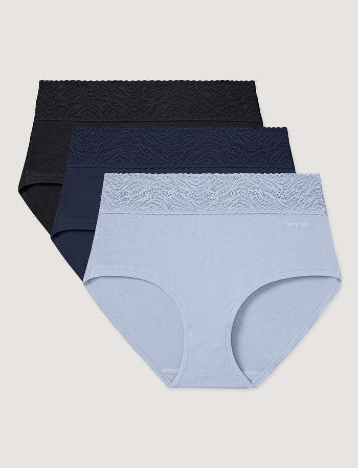Women's Cool Cotton High Rise Brief, Lace Waist (3-Pack)::Black/Dress Blues/Halogen Blue Lace Waist