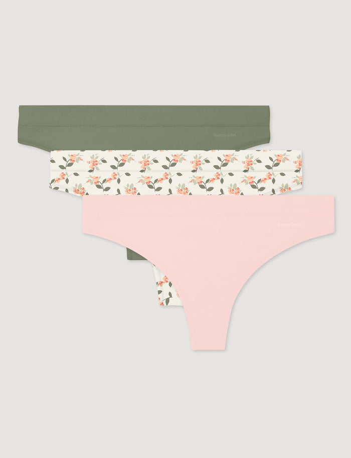 Women's Cool Cotton Thong (3-Pack)::Oil Green/Coconut Milk Camelilias/Rosewater