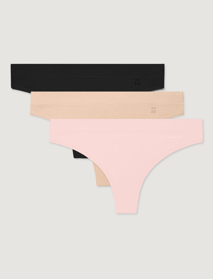Women's Cool Cotton Thong (3-Pack)::Black/Maple Sugar/Rosewater