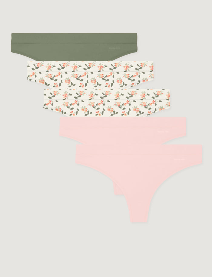 Women's Cool Cotton Thong (5-Pack)::Oil Green/Coconut Milk Camelilias/Rosewater