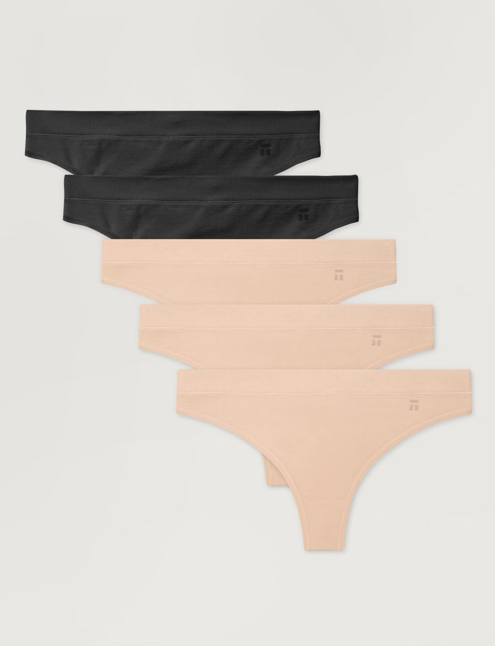 Women's Cool Cotton Thong (5-Pack)::Black/Maple Sugar