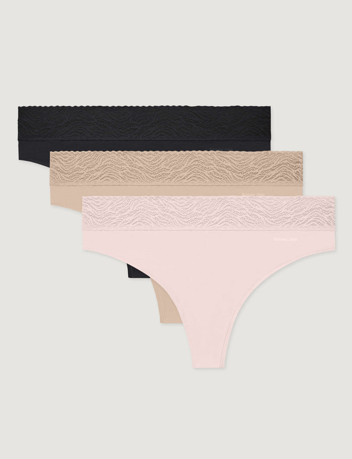 Women's Cool Cotton Thong, Lace Waist (3-Pack)::Black/Shifting Sand/Rosewater Lace Waist