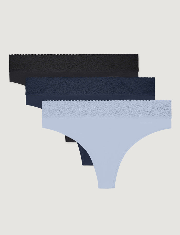 Women's Cool Cotton Thong, Lace Waist (3-Pack)::Black/Dress Blues/Halogen Blue Lace Waist