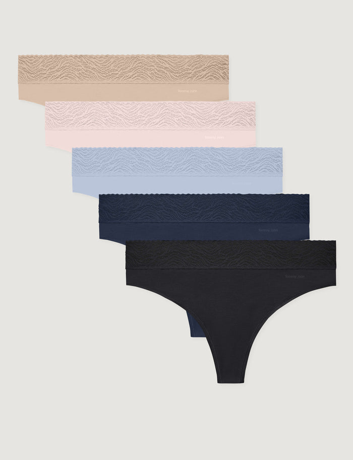 Women's Cool Cotton Thong, Lace Waist (5-Pack)::Shifting Sand/Rosewater/Halogen Blue Lace Waist