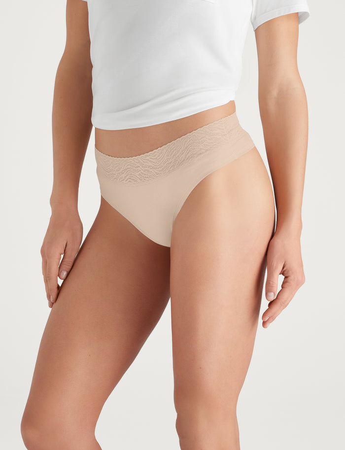Women's Cool Cotton Thong, Lace Waist (5-Pack)::Shifting Sand/Rosewater/Halogen Blue Lace Waist