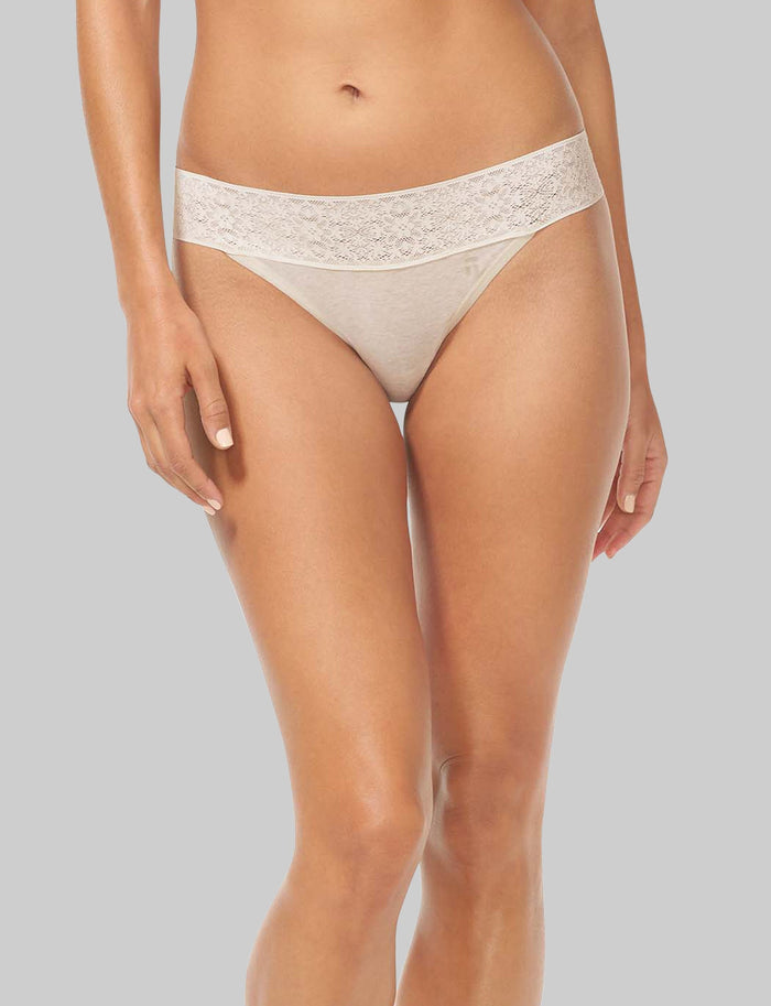 Women's Cool Cotton Thong, Lace Waist::Oatmeal Heather Lace Waist