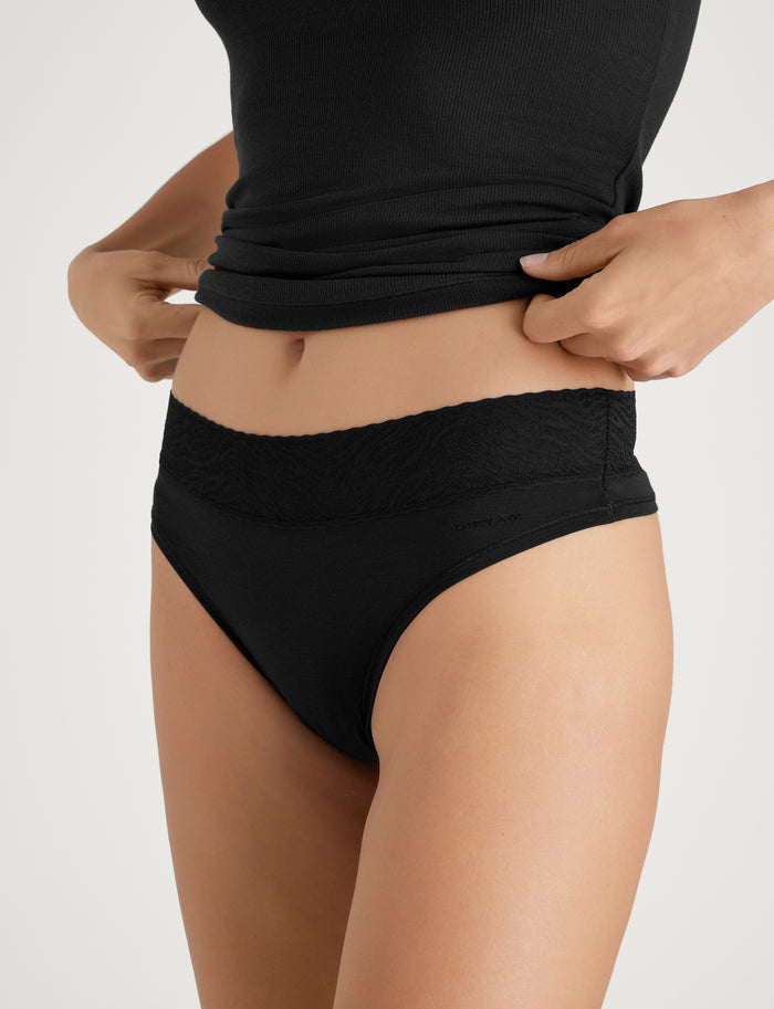 Women's Cool Cotton Thong, Lace Waist::Black Lace Waist