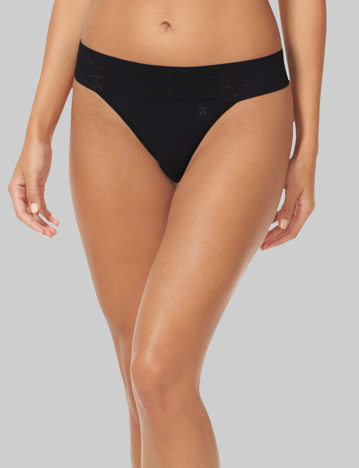 Women's Cool Cotton Thong, Lace Waist::Black Lace Waist