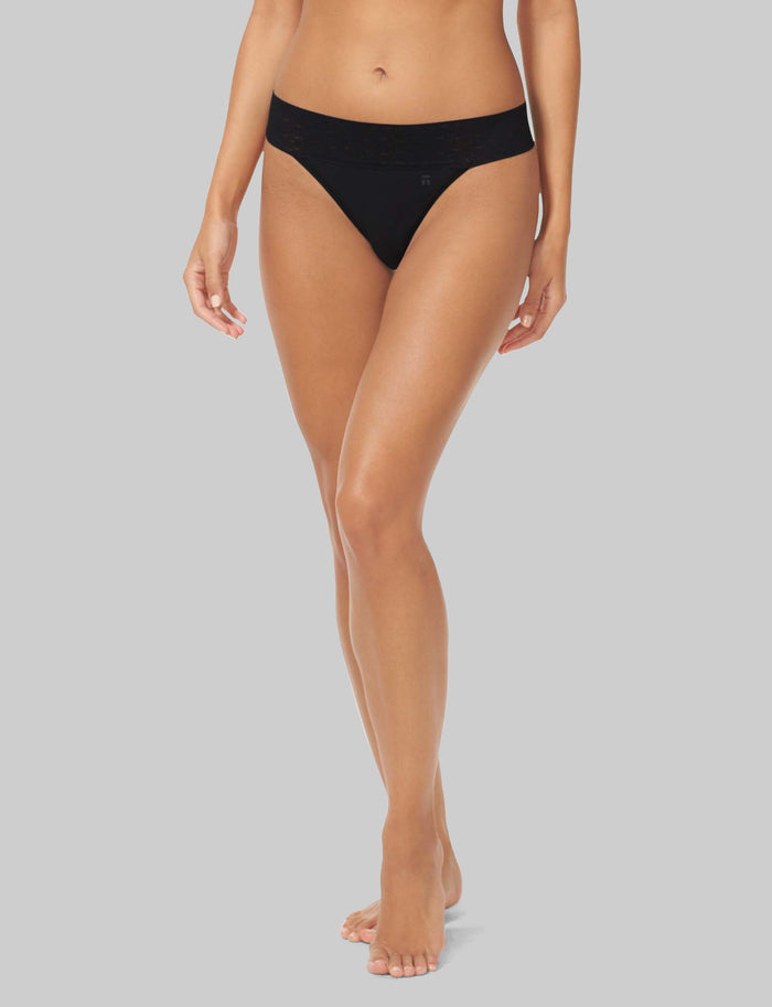 Women's Cool Cotton Thong, Lace Waist::Black Lace Waist