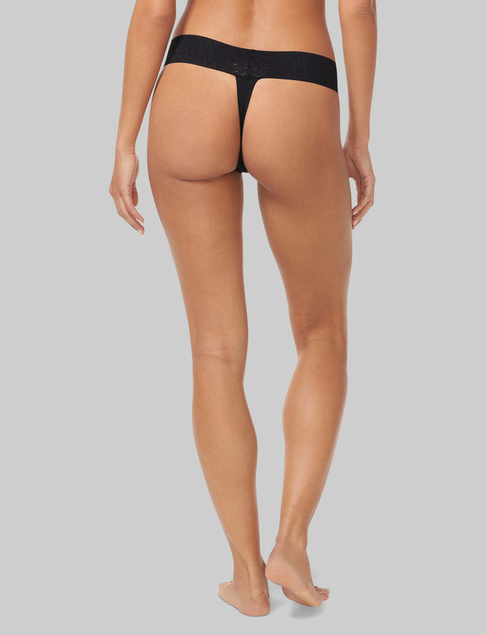 Women's Cool Cotton Thong, Lace Waist::Black Lace Waist