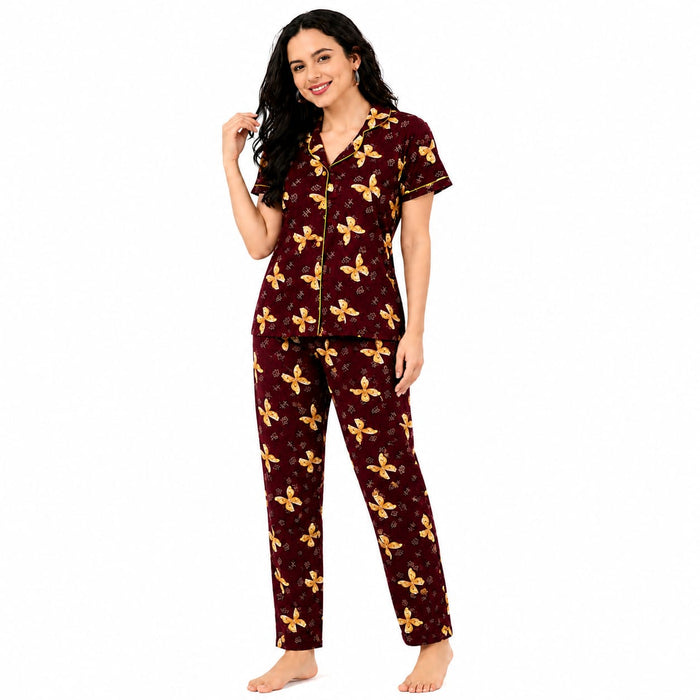 Women's Cotton Front Open Night Suit | Half Sleeve Printed Pajama Set | Soft & Breathable Button-Down Sleepwear | Comfortable Lounge Wear for Women - ANS Billion