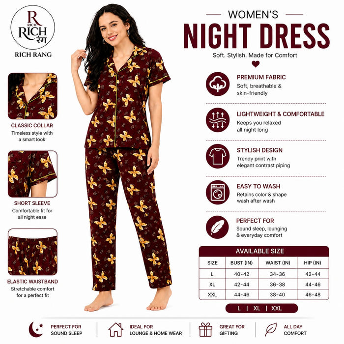 Women's Cotton Front Open Night Suit | Half Sleeve Printed Pajama Set | Soft & Breathable Button-Down Sleepwear | Comfortable Lounge Wear for Women - ANS Billion