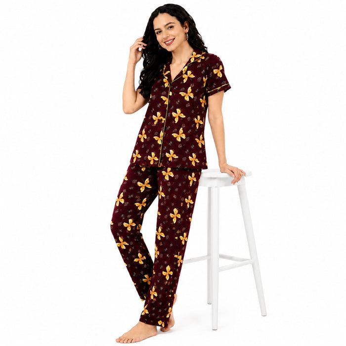 Women's Cotton Front Open Night Suit | Half Sleeve Printed Pajama Set | Soft & Breathable Button-Down Sleepwear | Comfortable Lounge Wear for Women - ANS Billion