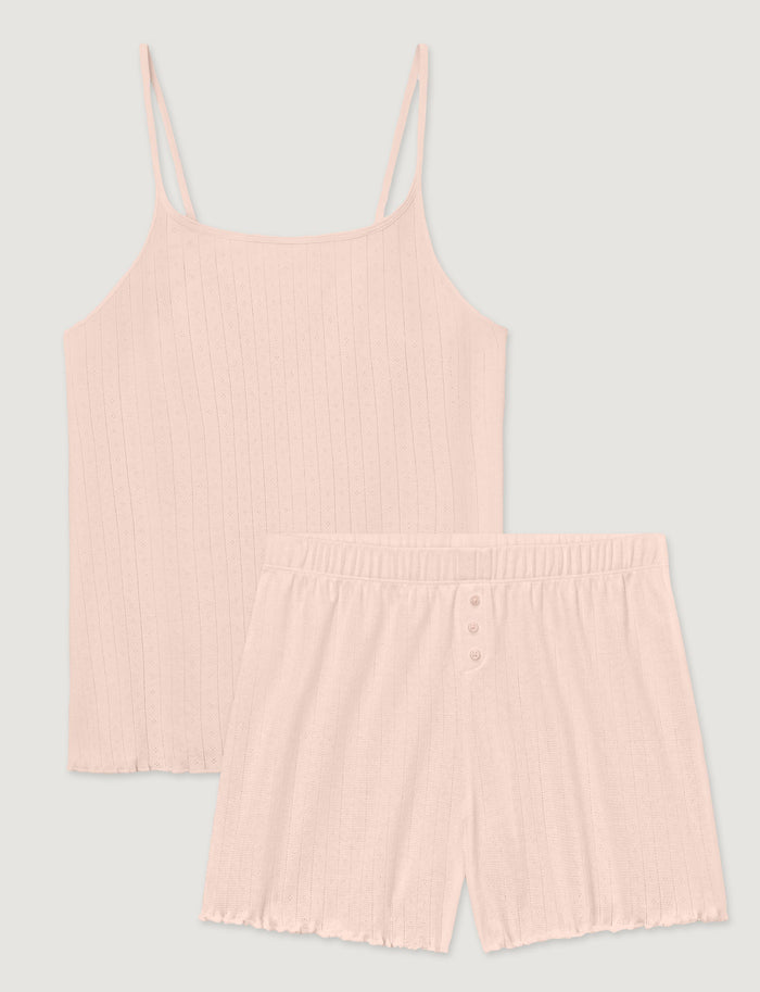 Women's Cotton Pointelle Rib Cami & Short Set::Soft Pink