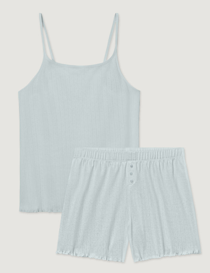 Women's Cotton Pointelle Rib Cami & Short Set::Ice Flow