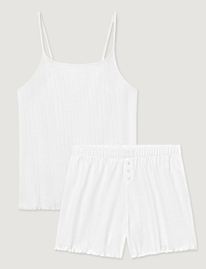 Women's Cotton Pointelle Rib Cami & Short Set::White