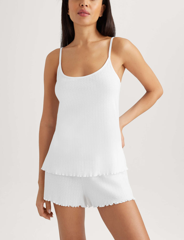 Women's Cotton Pointelle Rib Cami & Short Set::White