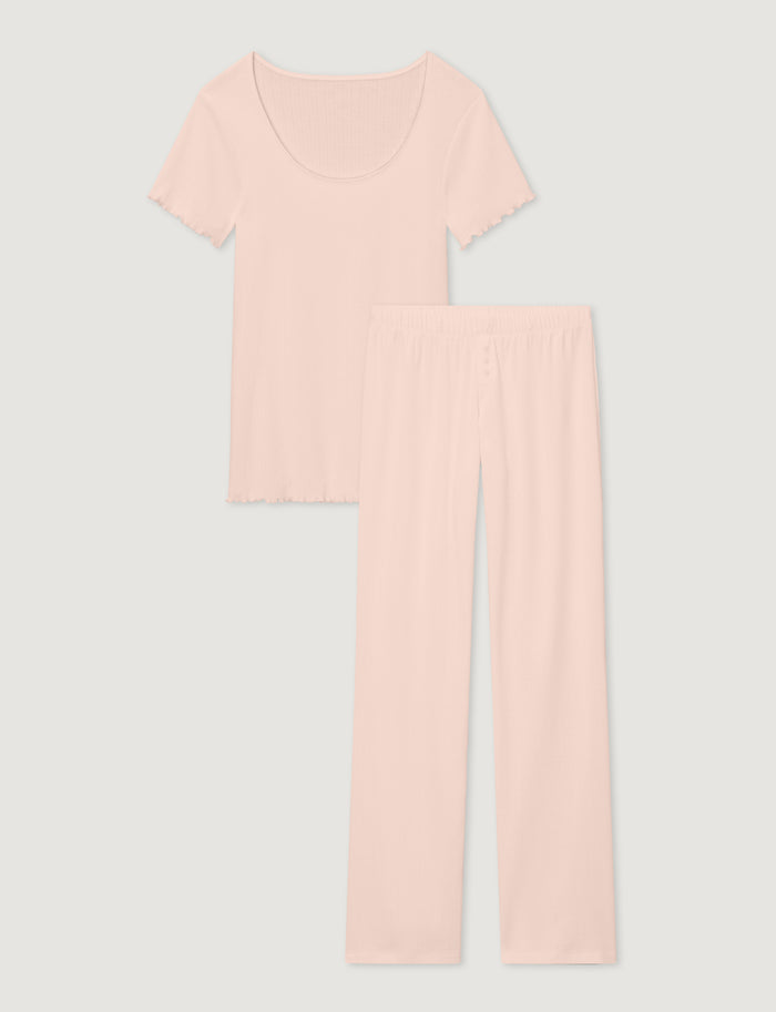 Women's Pointelle Rib Tee & Pant Set::Soft Pink