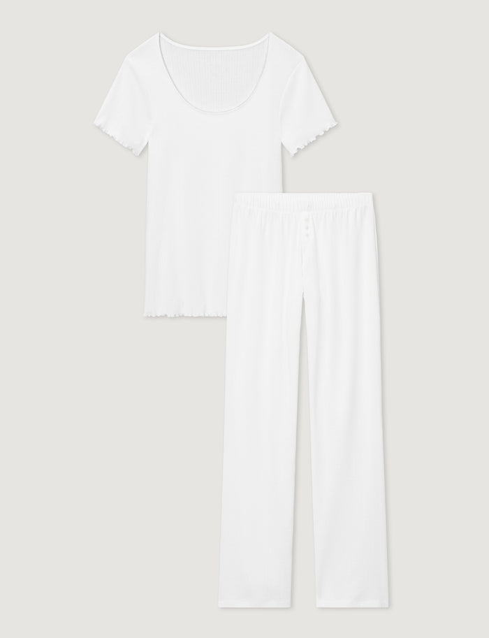 Women's Pointelle Rib Tee & Pant Set::White