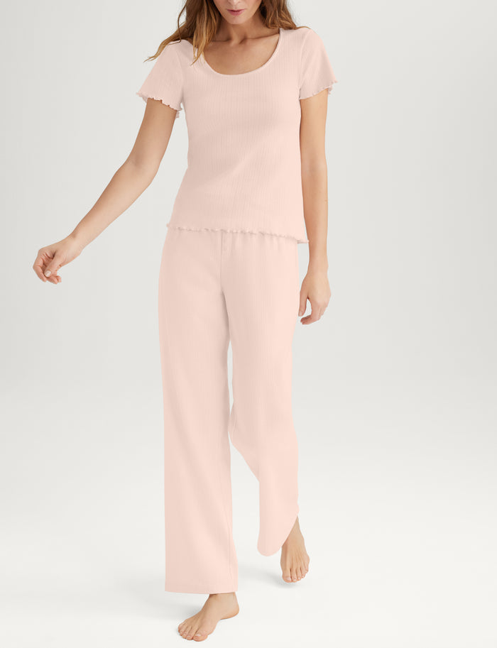 Women's Pointelle Rib Tee & Pant Set::Soft Pink