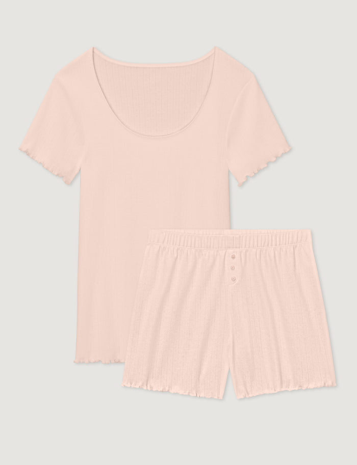 Women's Cotton Pointelle Rib Tee & Short Set::Soft Pink