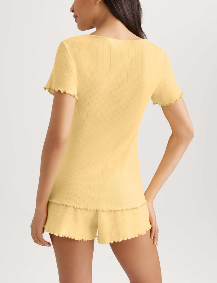 Women's Cotton Pointelle Rib Tee & Short Set::Golden Haze