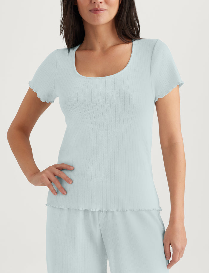 Women's Cotton Pointelle Rib Tee & Short Set::Ice Flow